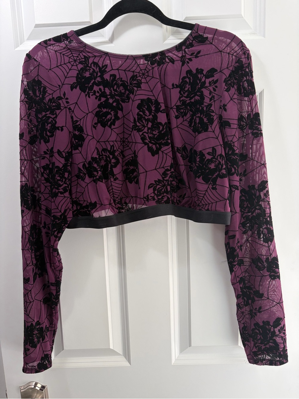 torrid Purple & Black Floral/Spiderweb Lace-Overlay Long Sleeve Crop Top/Bolero